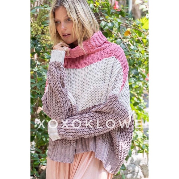 POL PLUS Pink 3 Tone Color Block Sweater Turtleneck Oversize Fit - Picture 4 of 14